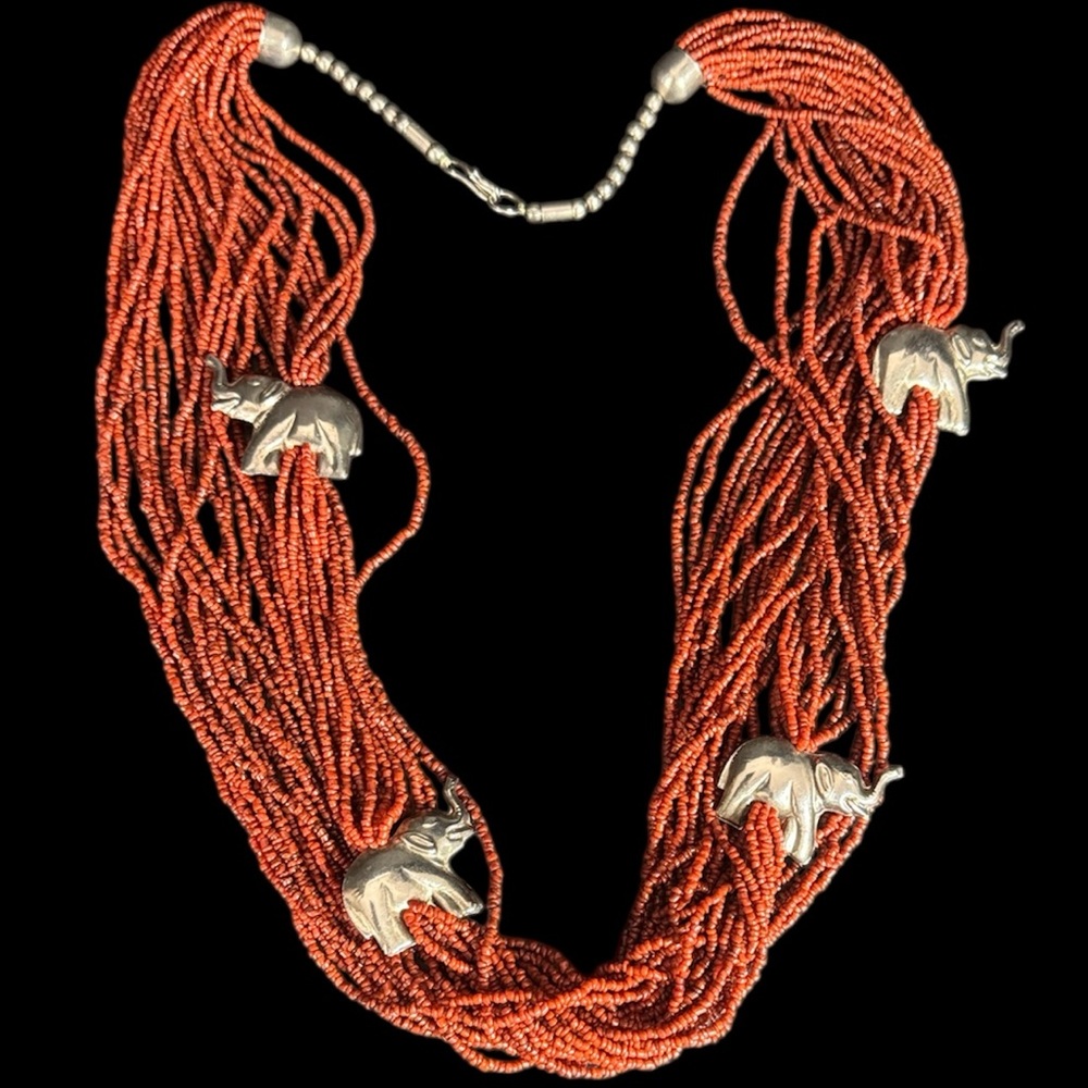 Vintage Coral Seed Bead Necklace with Elephants